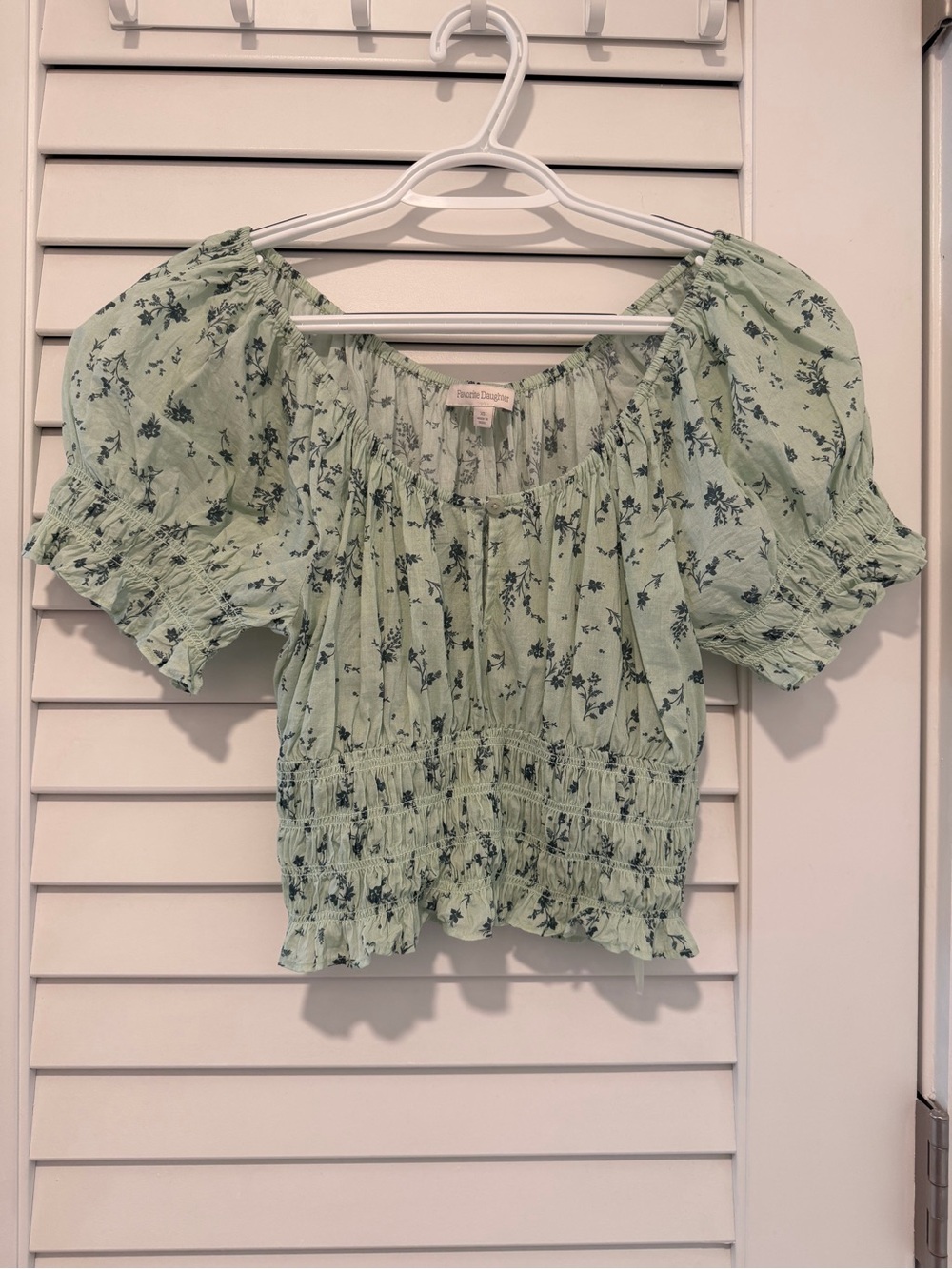 Favorite Daughter Mint Green Floral Puff-Sleeve Crop Top